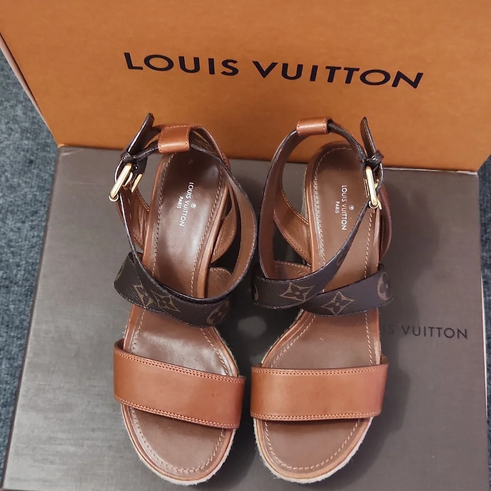Louis Vuitton Brown Monogram Leather Platform Espadrille Sandals